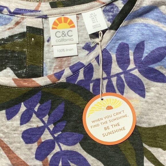 C&C CALIFORNIA 100% LINEN TOP BLOUSE TROPICAL FLORAL PRINT BUTTON UP THE BACK SM - Picture 5 of 8
